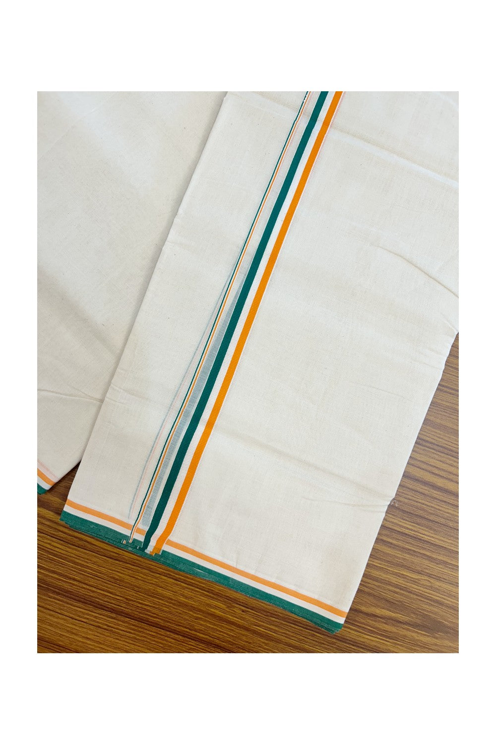 CONGRESS Veshti - 25% Discount!!! KaithariKada HANDLOOM Millpaav Balaramapuram - 100% PURE Cotton off white (Unbleached) Double Mundu/Dhoti - (80X90) - 0.75 inch Orange White & Green Kara - 4 mtr (8.5 muzham)- 1KK5240 KAS