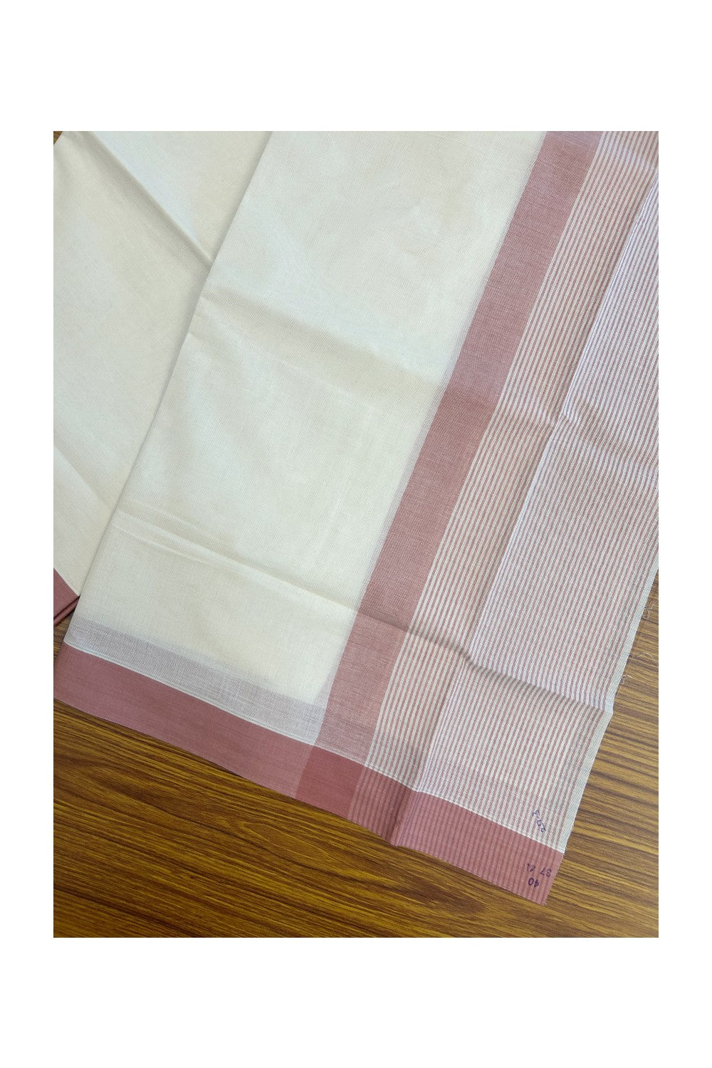 21% DISCOUNT! KaithariKada Balaramapuram 100% Cotton OFF WHITE (Unbleached) Double Mundu/Dhoti - 100x80 - 7.25 inch Dusty Rose Stripes Kara 4 mtr (8.5 muzham) - 1KK5243 PMC
