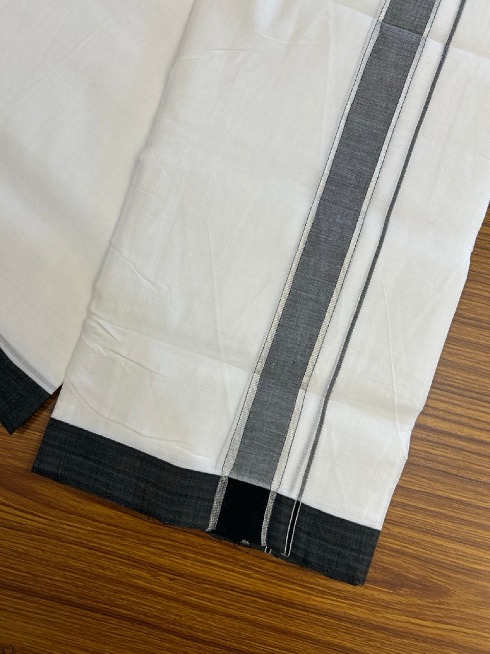 25% Discount!! NEW ULTRA PURE WHITE HANDLOOM Balaramapuram - 100% MERCERISED Cotton Double Mundu/Dhoti - 120 twisted warp x 80s weft - Black & Silver Kasav Kara- 1KK5248 REA