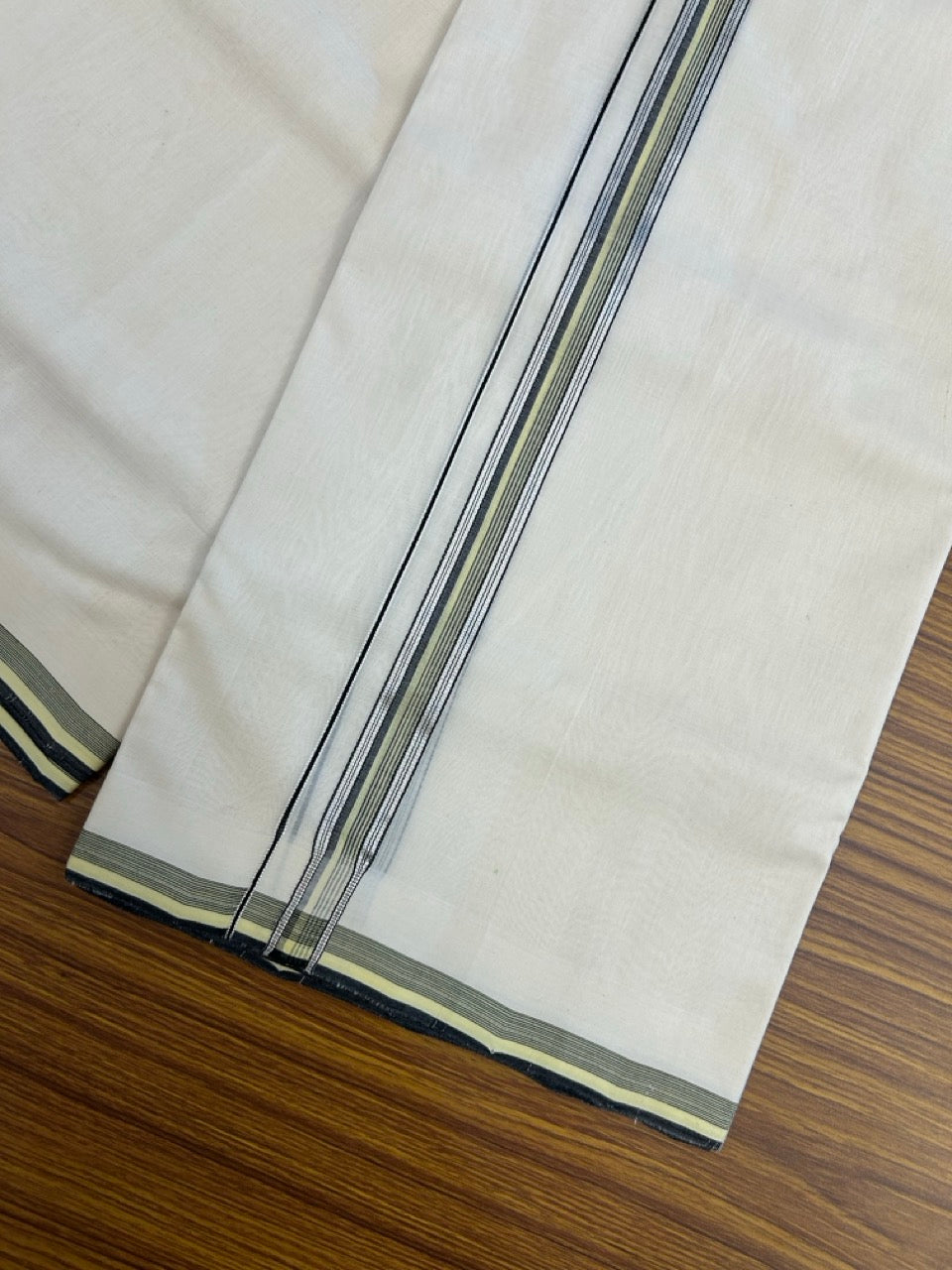 25% DISCOUNT!! KaithariKada HANDLOOM UNAKKUPAAV Balaramapuram - 100% PURE Cotton OFF White - (Unbleached) Double Mundu/Dothi - 120 x 100 - 0.75 inch Black & Light Green Silver Kasav Striped Kara 4 meter - 1 KK5249 REA
