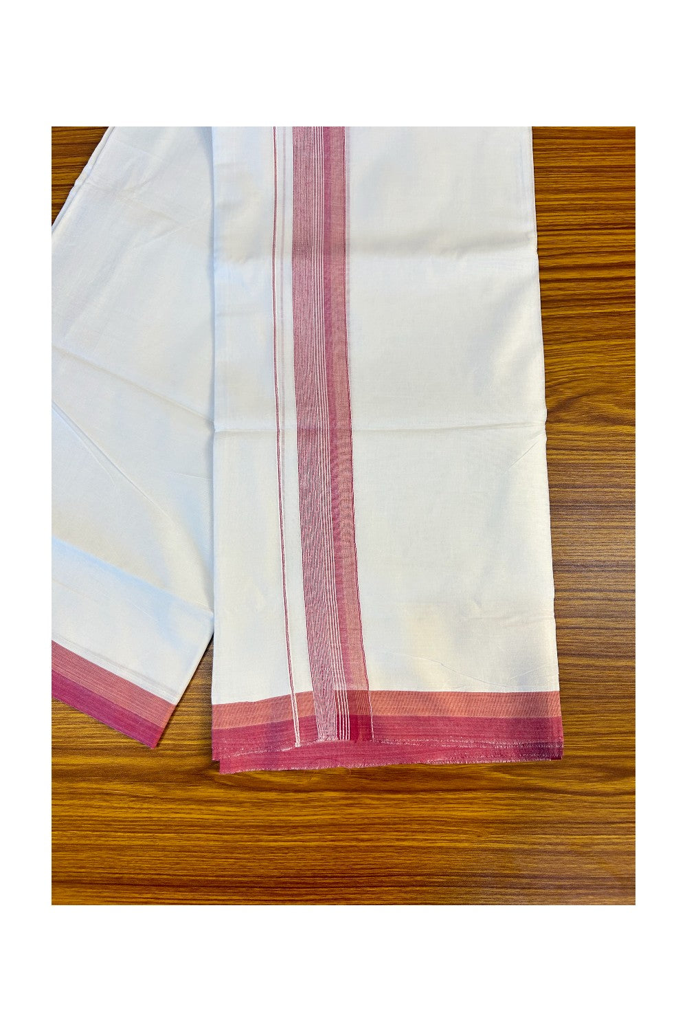 21% DISCOUNT!! Kaitharikada Balaramapuram 100% Cotton PURE WHITE Double Mundu/Dothi-100x80 2.25 Inch PINK & WHITE STRIPED Cotton Kara -1KK63VIN.