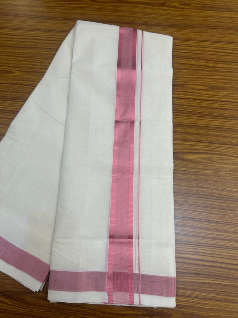 25% Discount ! KaithariKada Handloom Millpaav Balaramapuram - 100% Pure Cotton Off White (Unbleached) Double Mundu/Dothi -80x90 - 2 inch Rose Pink Kasav Striped kara 4 mtr (8.5 muzham) - 94 KK5256 RAM