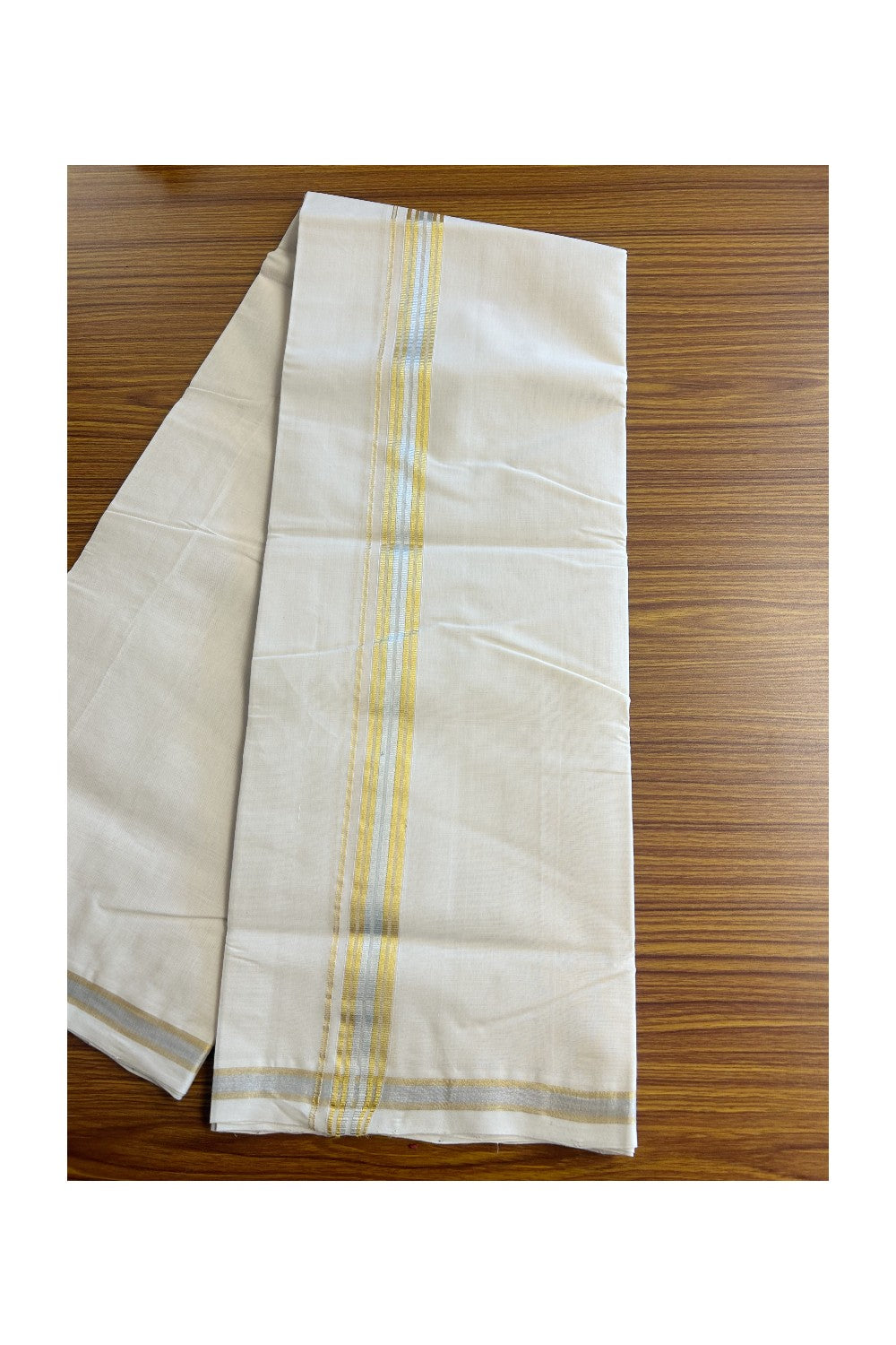 25% DISCOUNT ! KaithariKada HANDLOOM Millpaav Balaramapuram - 100% PURE Cotton Off White - (Unbleached) Double Mundu/Dhoti - 1.25 inch Gold Kasavu & Silver Kasavu Kara - 1KK5149RAM