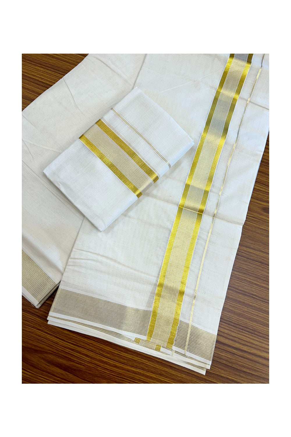20% Discount!! KaithariKada Balaramapuram - 100% PURE Cotton Off White (Unbleached) Mundu/Dhoti & Neriyath set - 1.5 Inch Kasavu Stripes Kara - 1KK5213 VIN