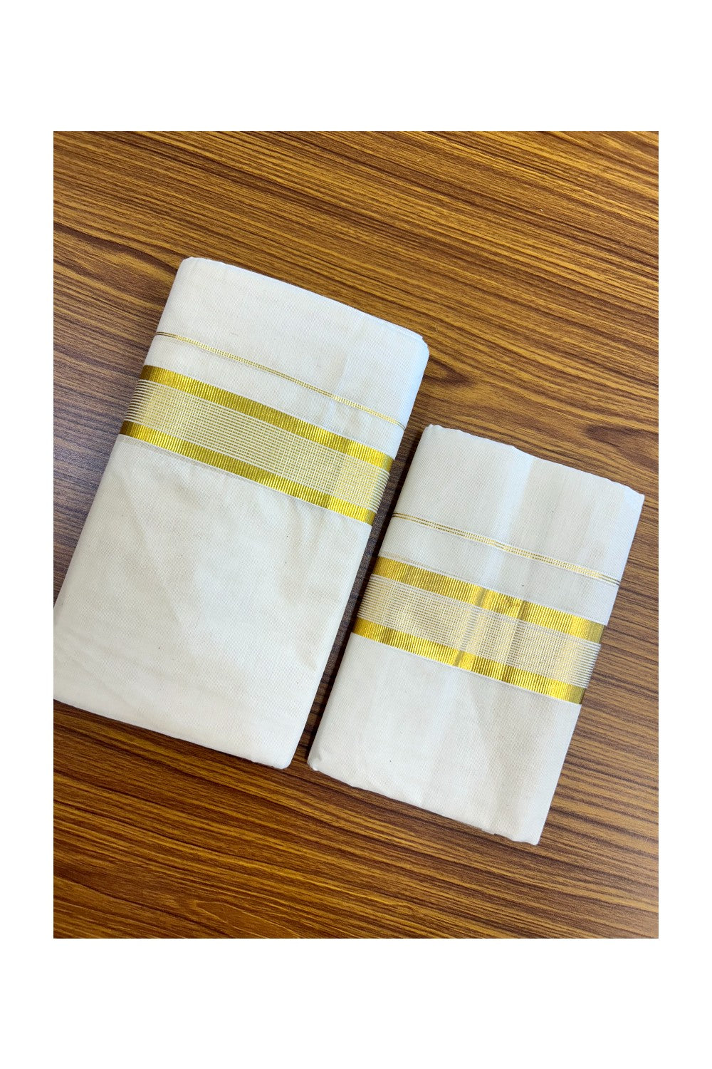 20% Discount!! KaithariKada Balaramapuram - 100% PURE Cotton Off White (Unbleached) Mundu/Dhoti & Neriyath set - 1.5 Inch Kasavu Stripes Kara - 1KK5213 VIN