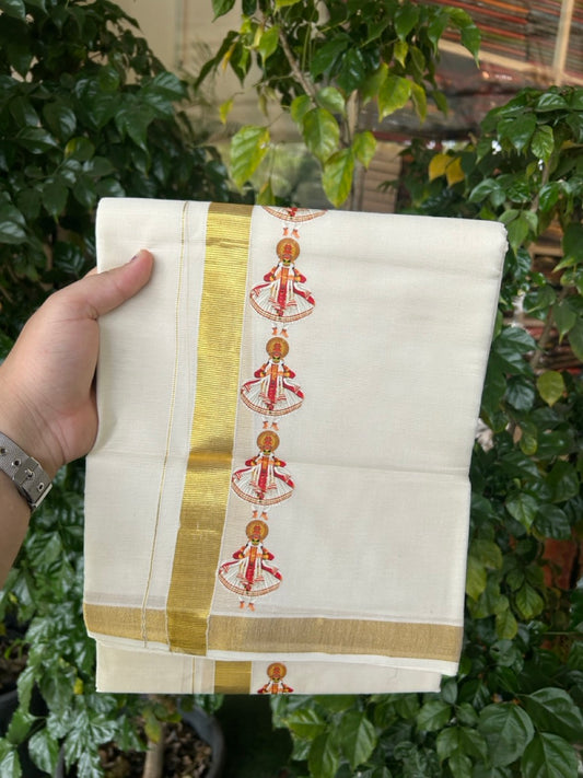 25% Discount!! KaithariKada Balaramapuram Mixed Cotton Double Off white - (Ubleached) Mundu/Dhoti - 80x72 - 1 inch Kasavu & Kathakali Printed Design Kara - 10 KK5262 MUT