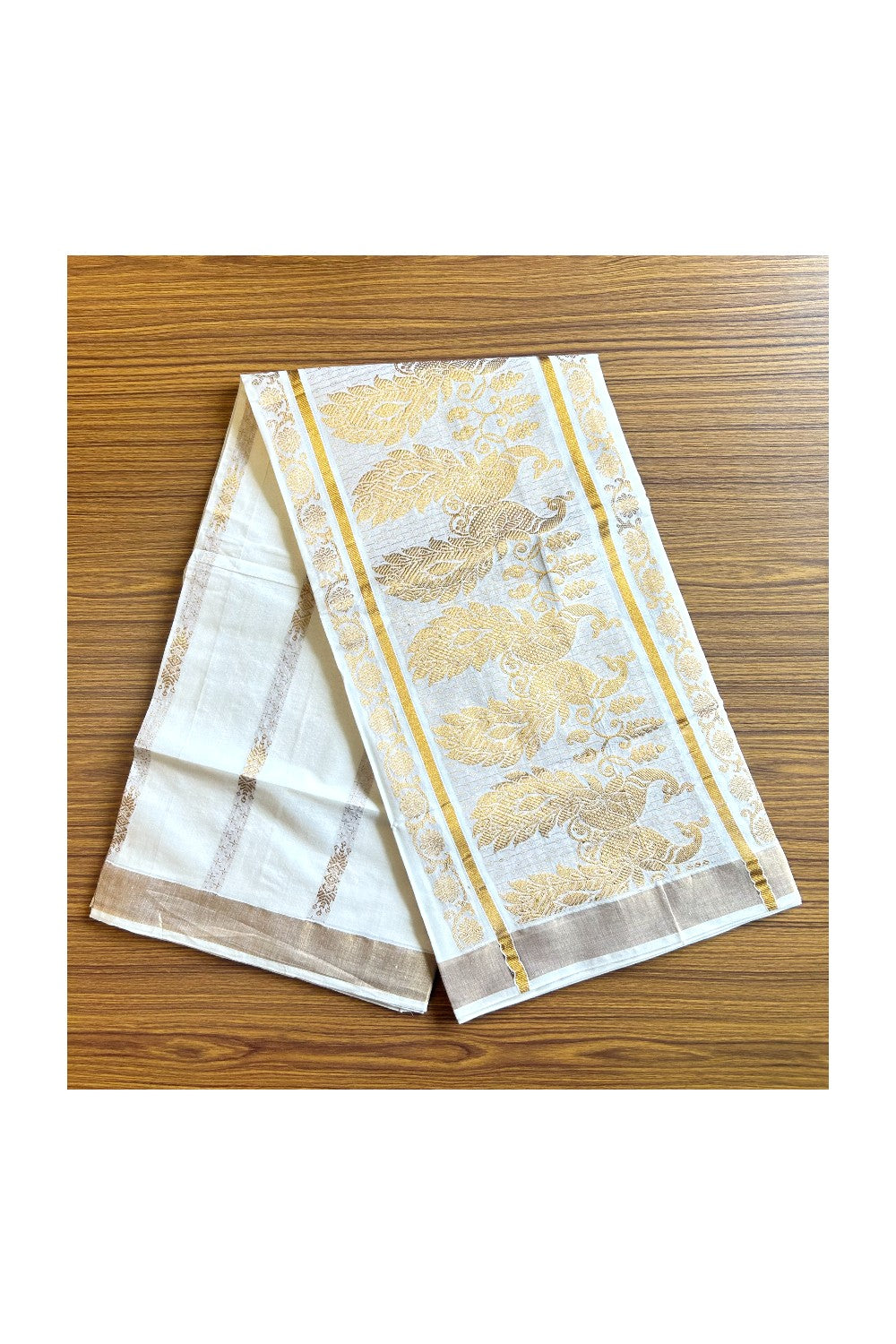 23 % Discount!!! Kaitharikada Kerala Cotton Saree Off white - 29.5 inch Kasav Zari with Peacock Pattern Putta Design- 10KK1002JEE