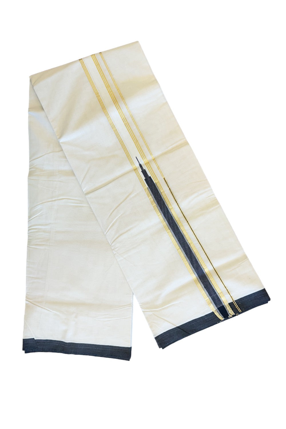 20% DISCOUNT! KaithariKada Balaramapuram 100% Cotton Double Off white Mundu/Dhoti-100x100 1.5 inch HEAVY CHUTTY BLACK & Puliyilakkara Kasavu kara - 10KK136ASH