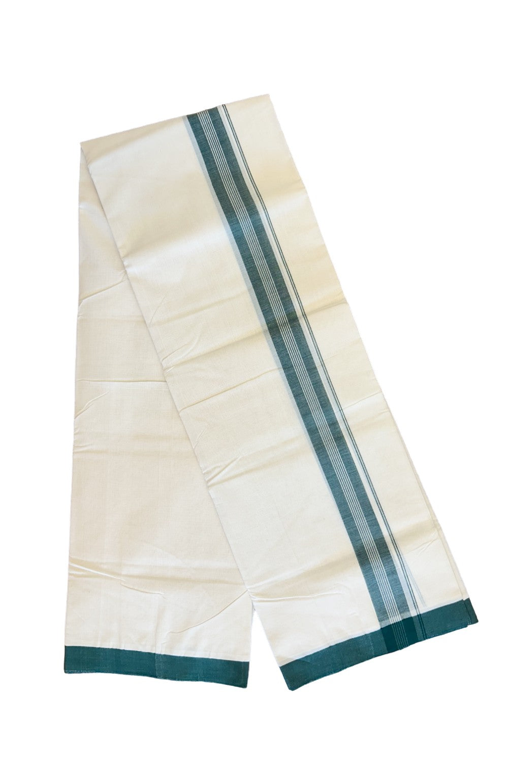 25% DISCOUNT!! KaithariKada HANDLOOM Millpaav Balaramapuram - 100% PURE Cotton OFF White (Unbleached) Double Mundu/Dothi - 1.75 inch DARK GREEN & White striped kara 3.70 meters (8 Muzham) - 10KK453RAM