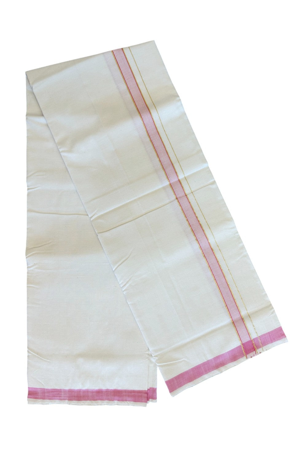 25% Discount KaithariKada 100% Cotton Balaramapuram HANDLOOM Single Mundu/Dhoti - Off White (Unbleached)1.45 inch Kasavu & Pink striped Kara (2 meter / 4 muzham) - 10KK499KK