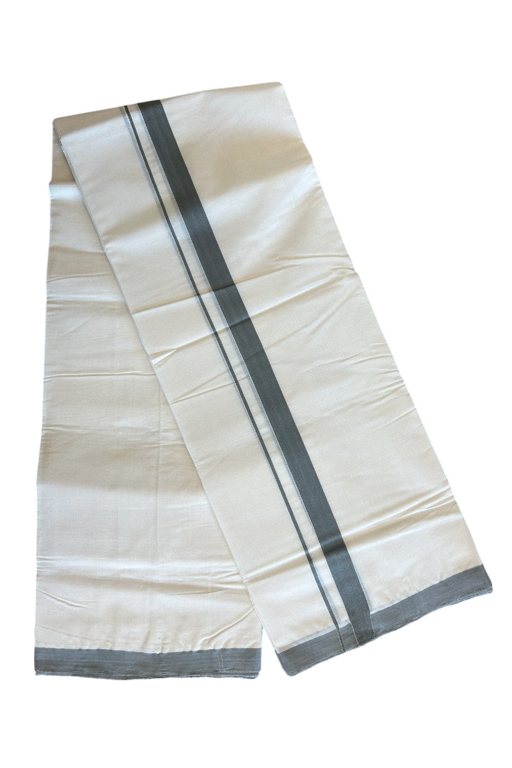 25% DISCOUNT! KaithariKada HANDLOOM Millpaav Balaramapuram - 100% PURE Cotton Off White - (Unbleached) Double Mundu/Dhoti -1.5 inch GREY KARA -1.