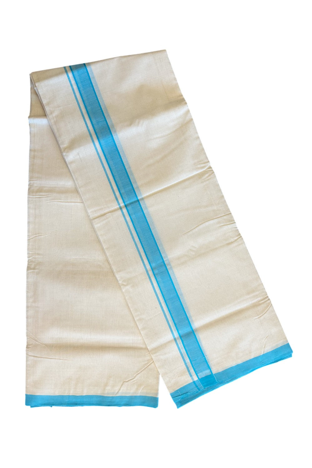 25% Discount ! KaithariKada Balaramapuram Handloom Unakkupaav- 100% Pure Cotton off white (Unbleached) 100x100 3.80 Meter Double Mundu/Dhoti (8 Muzham)- Sky Blue Kara