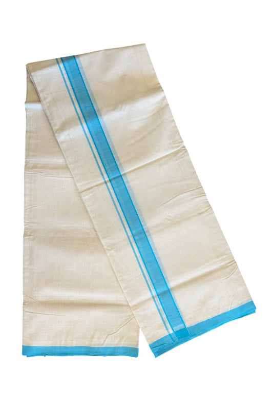 25% Discount ! KaithariKada Balaramapuram Handloom Unakkupaav- 100% Pure Cotton off white (Unbleached) 100x100 3.80 Meter Double Mundu/Dhoti (8 Muzham)- Sky Blue Kara
