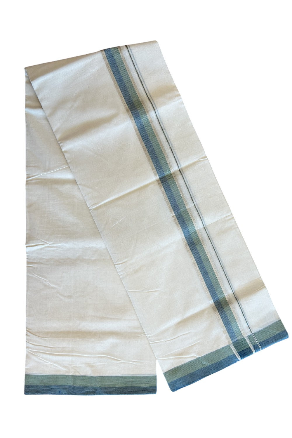 25% Discount !! KaithariKada HANDLOOM UNAKKUPAAV Balaramapuram - 100% PURE Cotton off white - (Unbleached) Double Mundu/Dhoti - 2 inch Silver kasavu Light Green & Peacock Blue Shaded kara - 10KK5082RAM