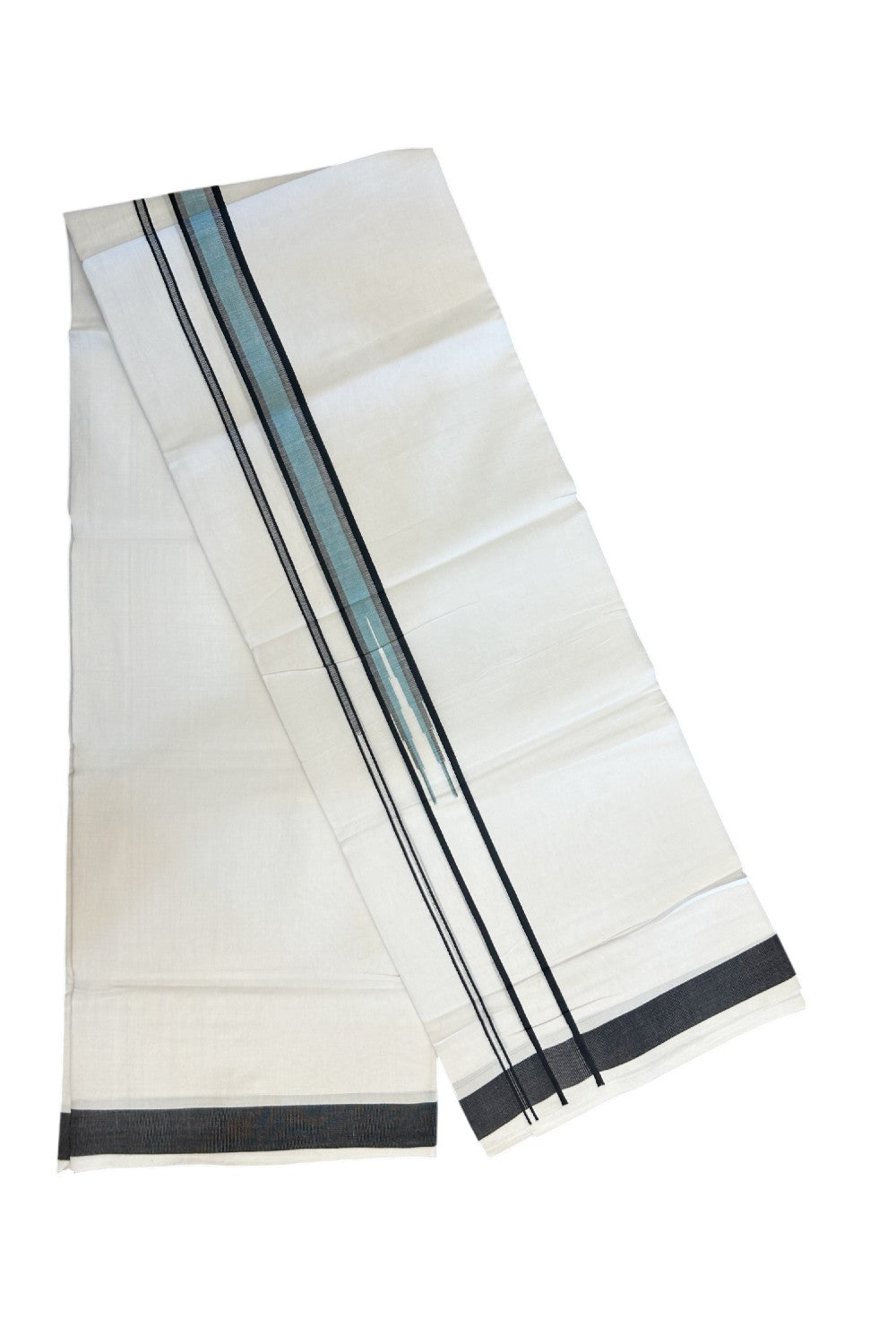 25% DISCOUNT! KaithariKada Balaramapuram 100% Mercerised Cotton Double ULTRA PURE white Mundu/Dhoti - 120x120 - 1.25 inch Heavy Chutty Black & Light Blue Green Shaded Kara -10KK5139THI