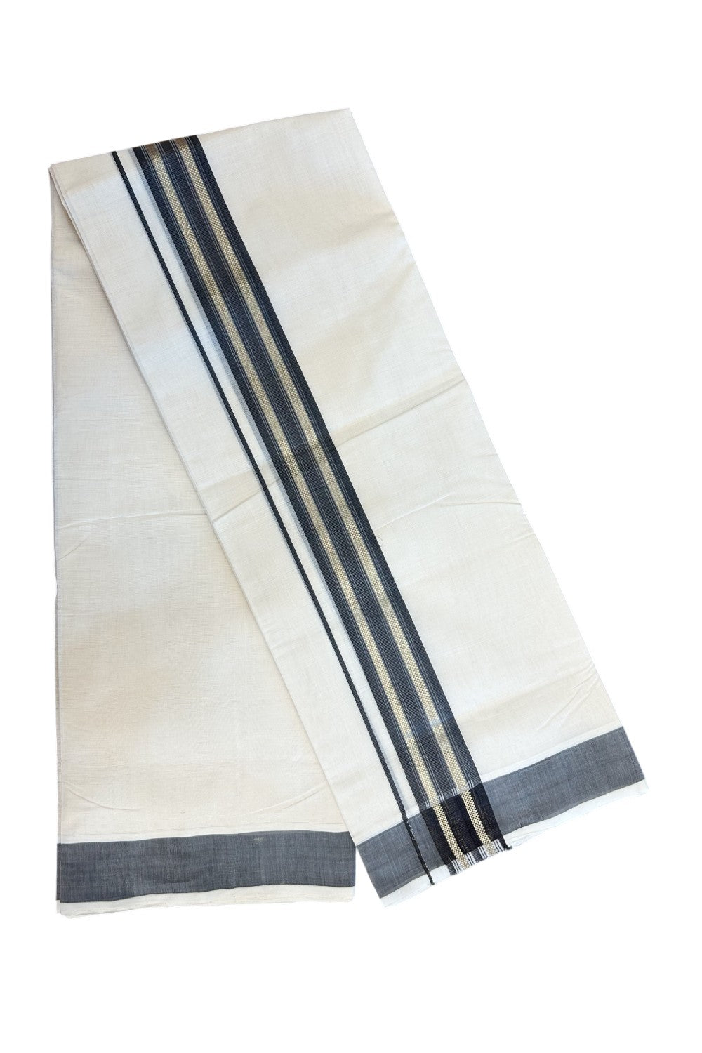 25% DISCOUNT!! KaithariKada HANDLOOM MILLPAAV Balaramapuram - 100% PURE Cotton OFF White - (Unbleached) Double Mundu/Dothi - 2.25 inch BROWN colour kasavu & Gold Kasavu Striped kara - 3KK5170RAM