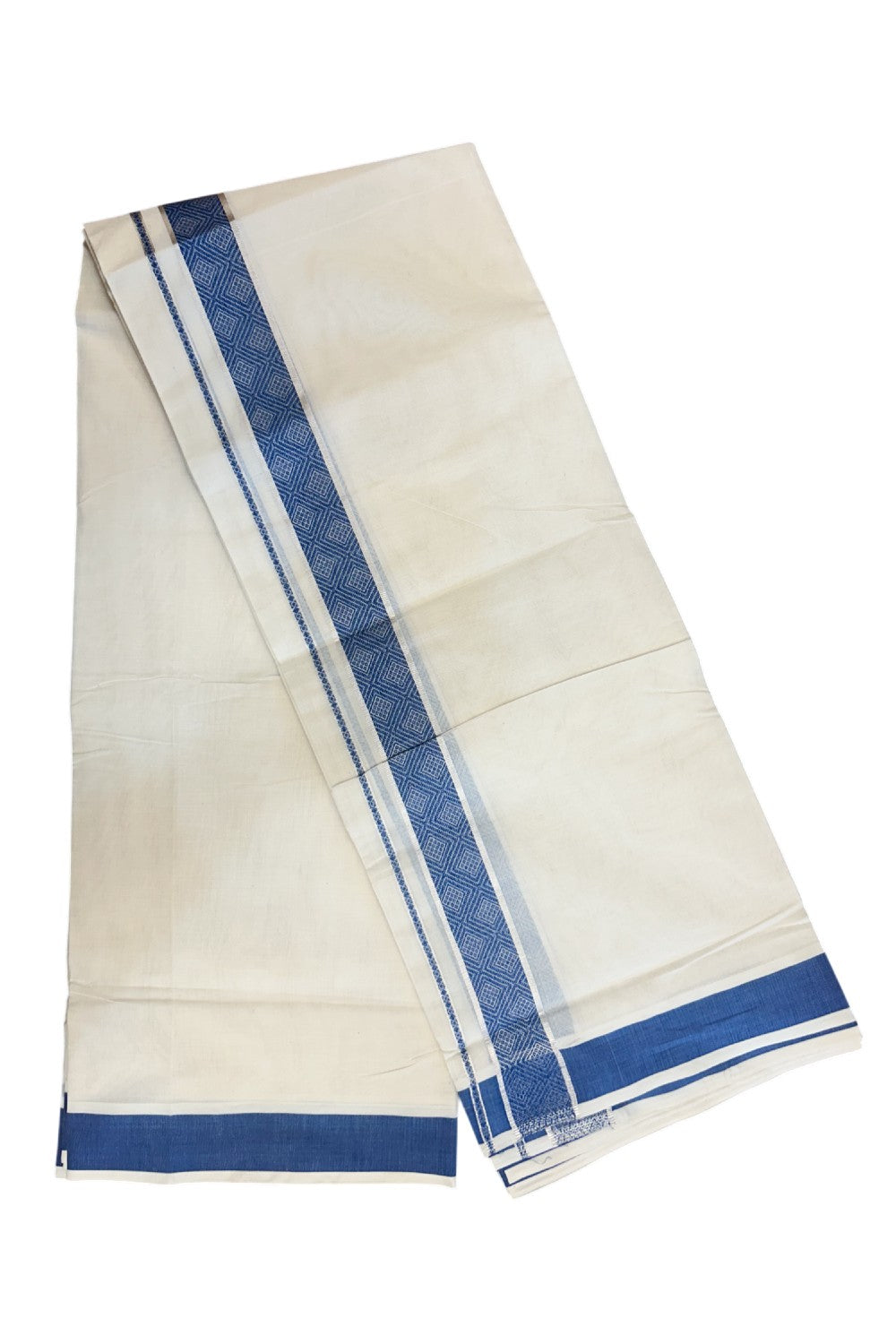 20% DISCOUNT ! KaithariKada Balaramapuram 100%  Cotton Double off white  (Unbleached) Mundu/Dhoti - 100X80 - 1.75 inch Silver kasavu & Peacock Blue jacquard design kara - 10KK5172PMC