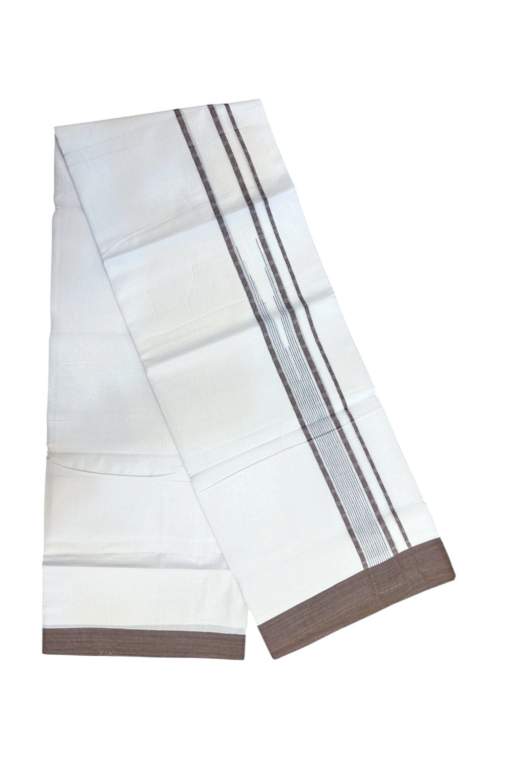 20% DISCOUNT! KaithariKada Balaramapuram DOUBLE PURE WHITE 100% Cotton Mundu/Dhoti - 100x80 - 1.5 inch Brown Putta Design Chutty Kara - 10KK5174THI