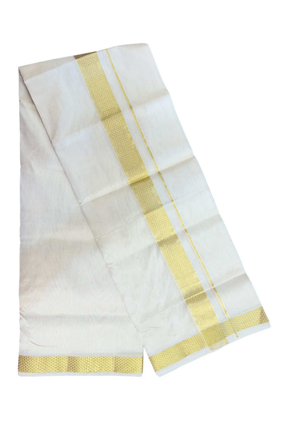 HANDLOOM Pure SILK Dhoti NEW! 25% DISCOUNT from Kaitharikada.com - BALARAMAPURAM Handloom Unakkupaav - OFF WHITE - Double Mundu/Dhoti - 100x100 - Pure cotton + Silk - 1.75 inch Gold Kasavu Designer Kara - 10KK5176ABH
