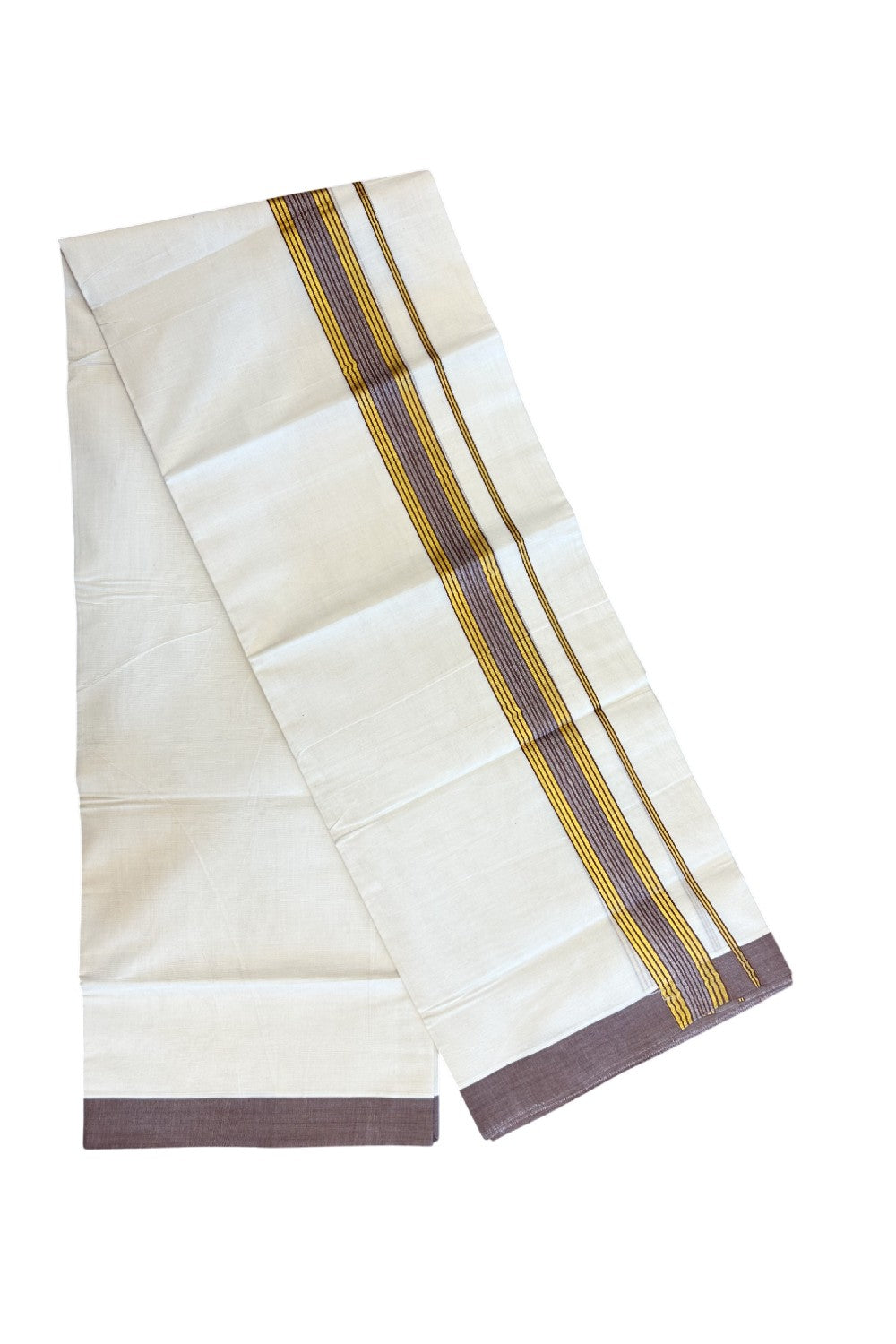 20% DISCOUNT! KaithariKada Balaramapuram Double OFF WHITE Mundu/Dhoti - 80x80- 1.5 Inch Gold Kasavu & Rosy Brown Shaded striped Kara - 10KK5182VAS
