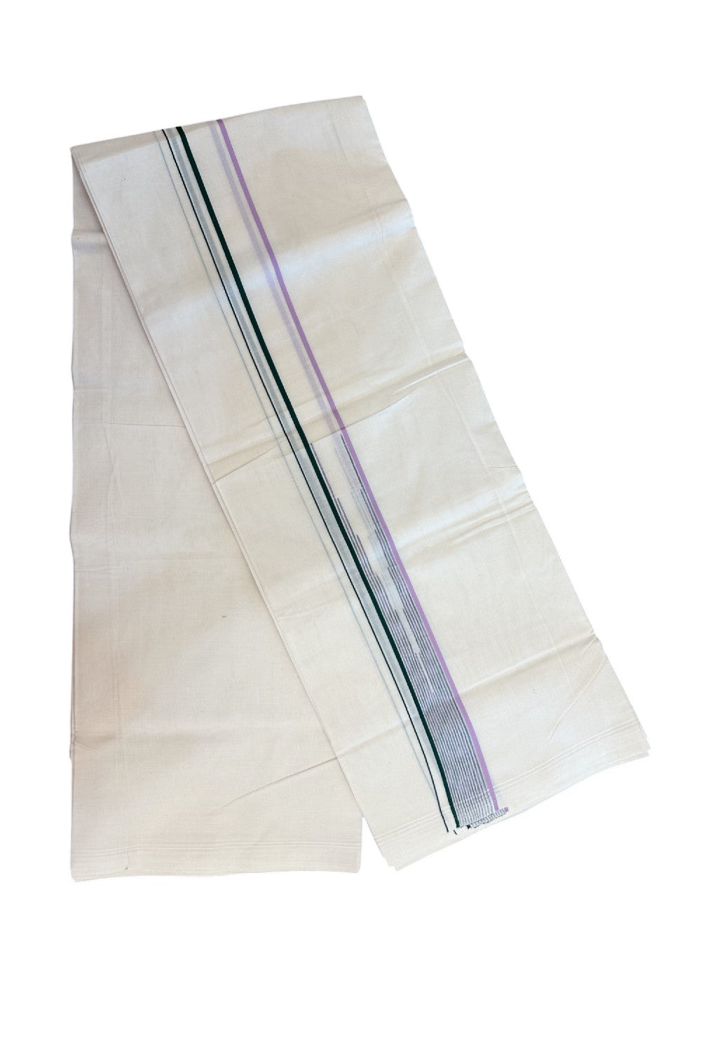 20% Discount ! Kaitharikada Balaramapuram 100% Cotton Double Off white (Unbleached) Mundu/Dhoti - 100x80 - 1.5 inch Lavender & Green Stripes Chutty Kara - 10KK5186CKS