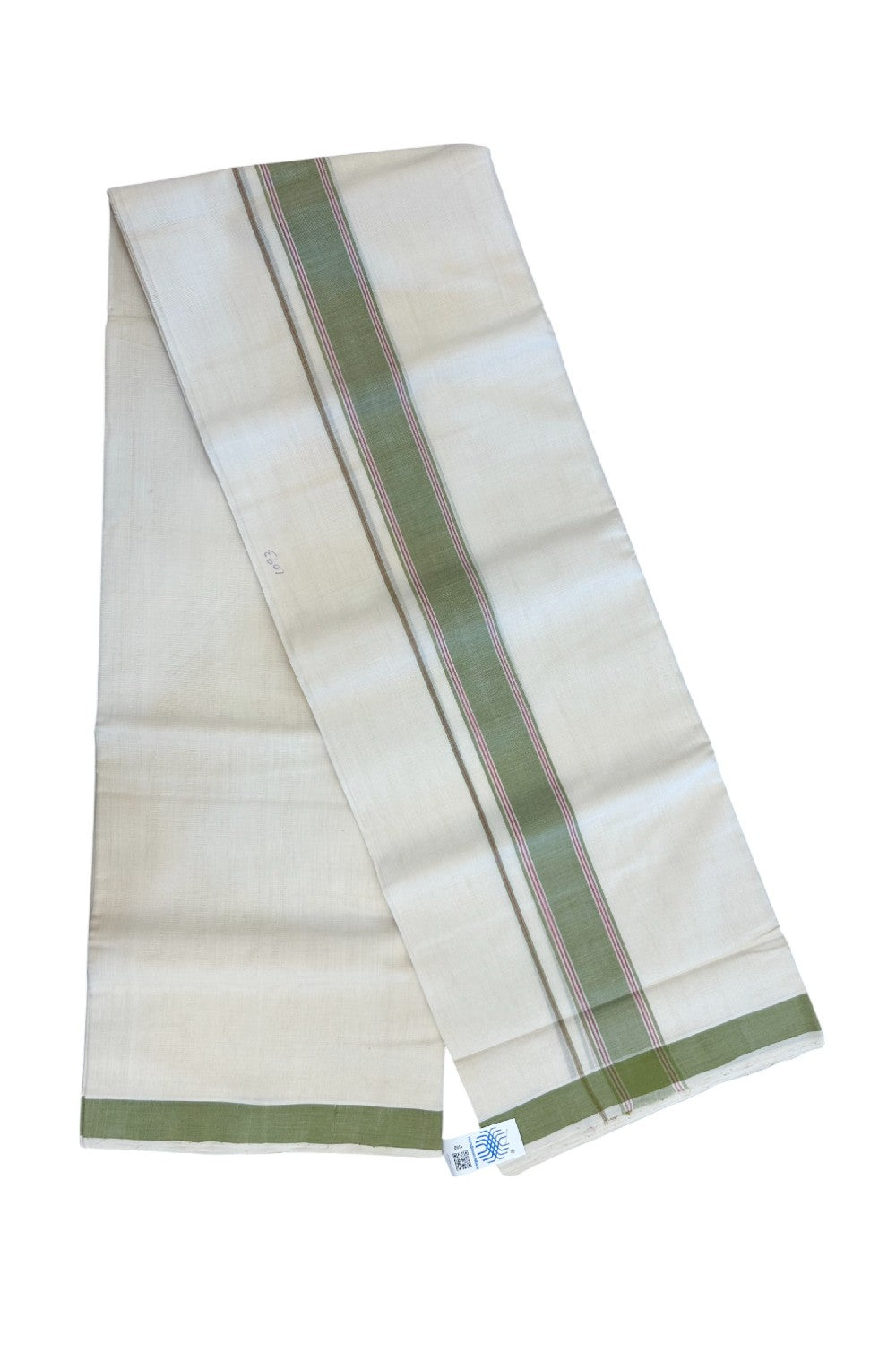 25% Discount KaithariKada HANDLOOM Unakkupaav Balaramapuram - 100% PURE Cotton off white (Unbleached) Double Mundu/Dhoti - 80X90 - 1.75 inch Light Green & Magenta Stripes Kara 3.80 mtr - 10KK5192ELA