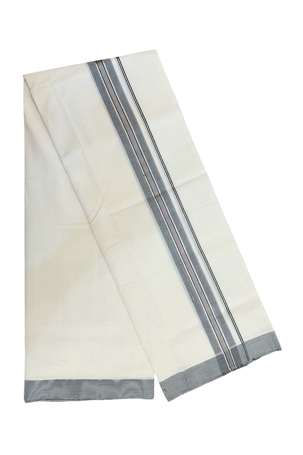25% DISCOUNT!! KaithariKada HANDLOOM UNAKKUPAAV Balaramapuram - 100% PURE Cotton OFF White Double - (Unbleached)- Mundu/Dothi - 80X100 - 1.25 inch Black & Silver Kasavu Striped Kara - 10KK5209 REA