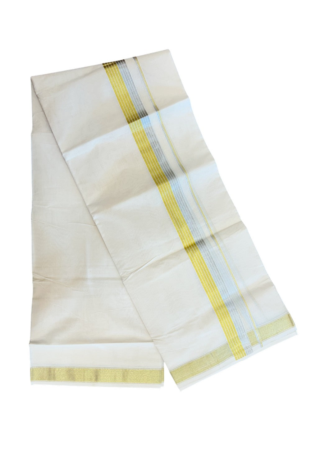 20% DISCOUNT ! KaithariKada Balaramapuram - 100% PURE Cotton Off White - (Unbleached) Double Mundu/Dhoti - 100X80 - 1.5 inch Gold Kasavu & Silver Kasavu Striped Kara - 10KK5212 VIN