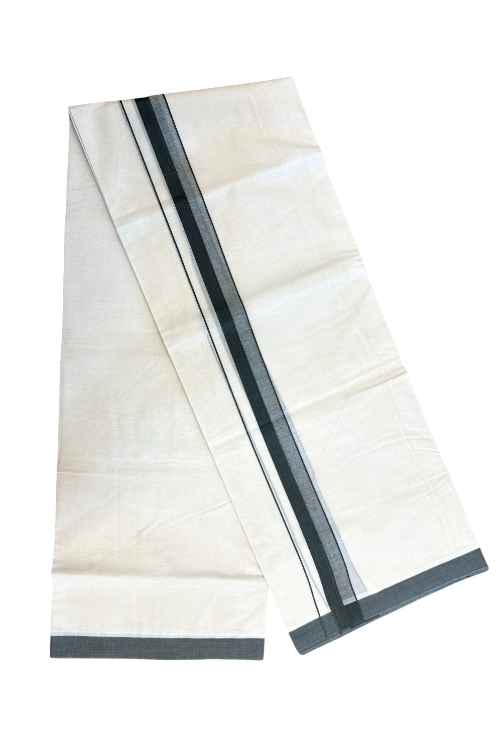 24% Discount ! KaithariKada Balaramapuram 100% Cotton Double OFF WHITE- (Unbleached) - Mundu / Dhoti- 100x80 - 1.5 inch Dark Olive Green Kara - 10KK5214 MC