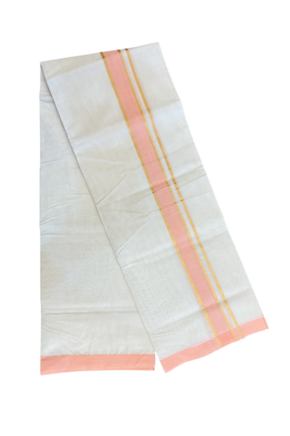 NEW !! 20% DISCOUNT!! KaithariKada Balaramapuram 100% Cotton Double Off white - (Unbleached) Mundu/Dhoti-100x80 - 1.5 inch Gold Kasavu & Peach Shaded Striped KARA - 3.75 mtr (8 Muzham) - 10KK5218 ASH