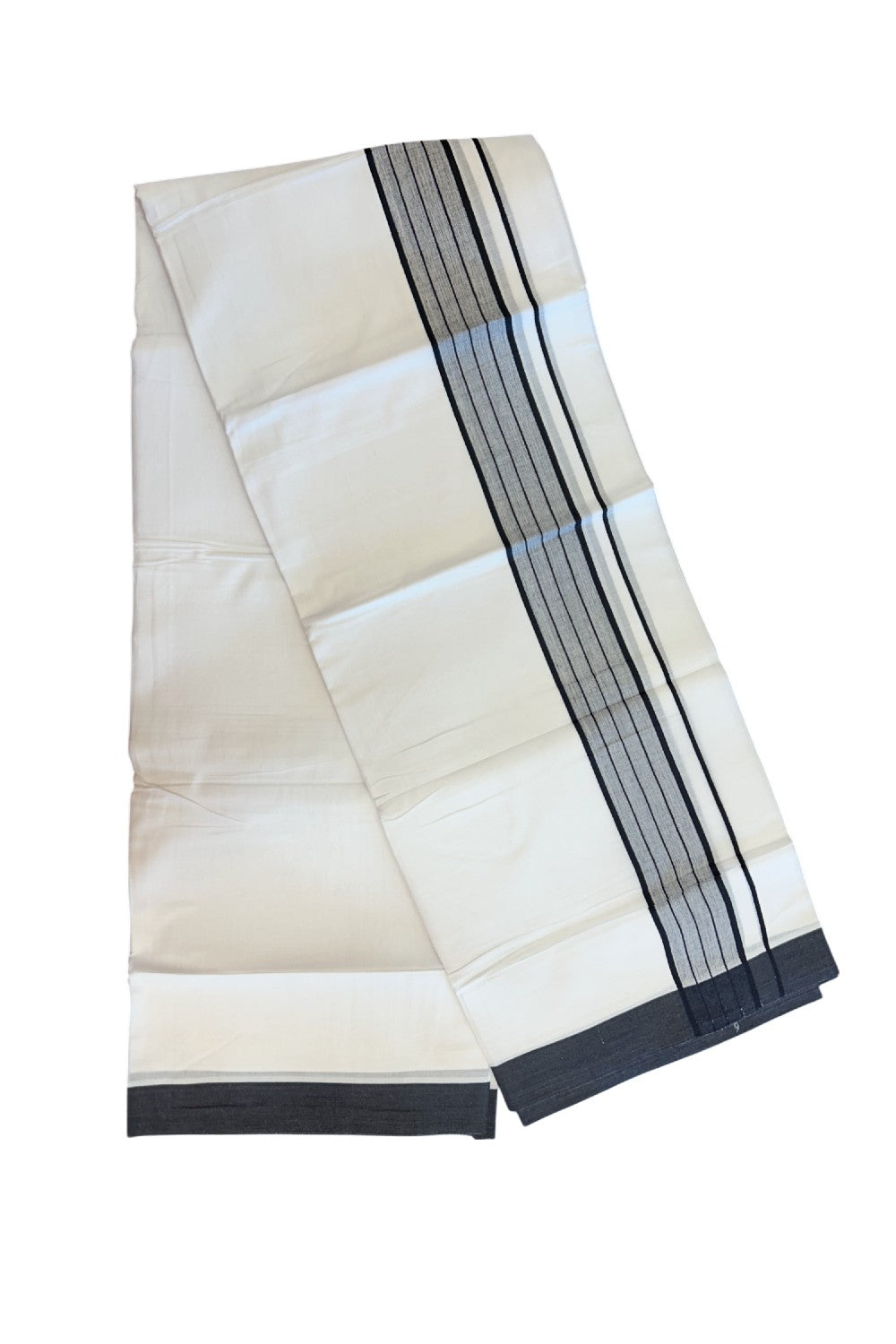 20% DISCOUNT!!! KaithariKada Balaramapuram 100% Cotton DOUBLE PURE WHITE Mundu/Dhoti - 100X80 - 2 Inch Navy Blue Shaded Stripes kara 3.75 mtr (8 muzham) - 10KK5220 THI