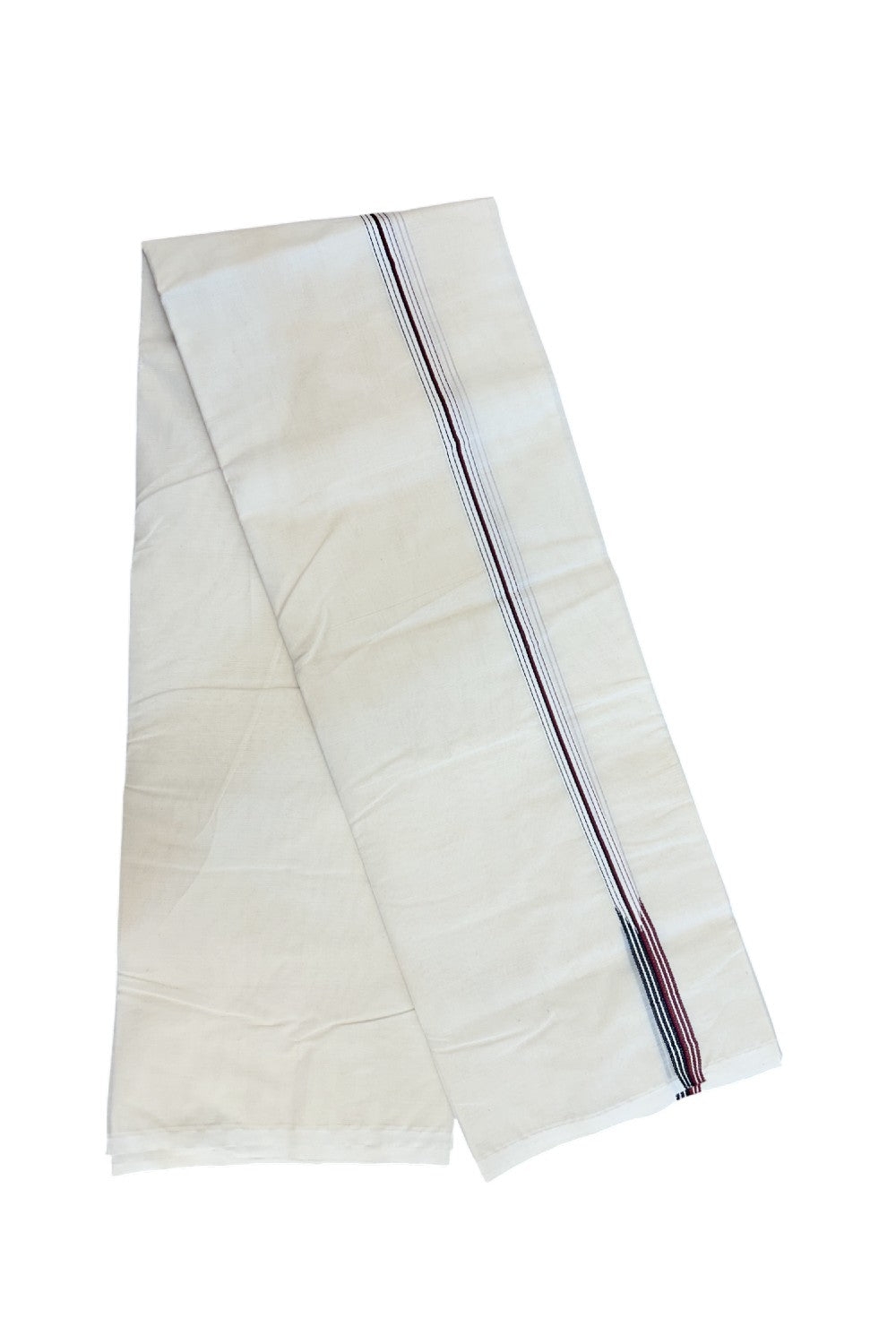 ADMK VESTHI 20% DISCOUNT ! KaithariKada Balaramapuram 100% COTTON DOUBLE OFF WHITE (Unbleached) Mundu/Dhoti-100X100- 0.75 Inch Puliyilakkara 6 Line Maroon & Black Chutty Kara - 10KK5226 ASH