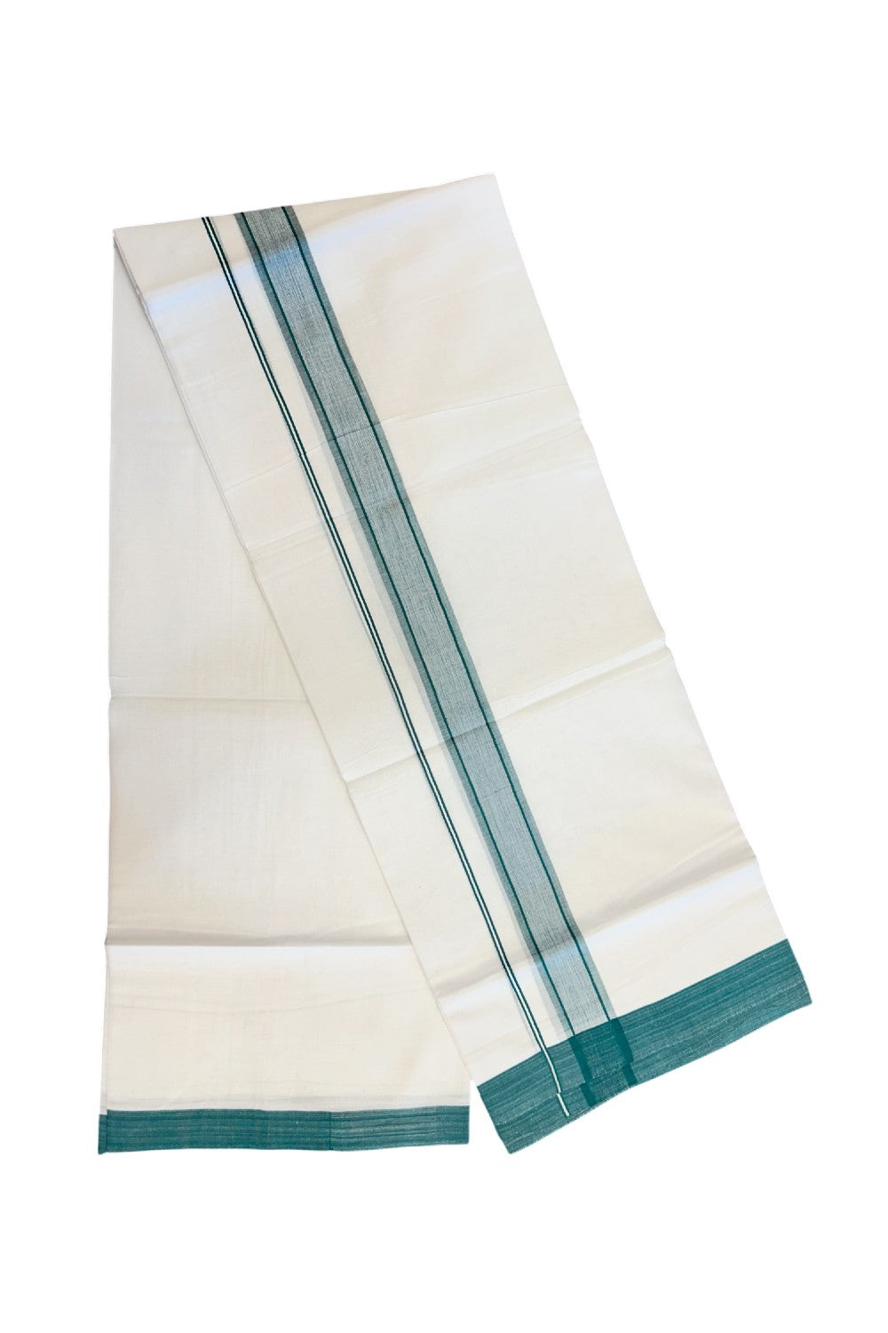 32% DISCOUNT! KaithariKada Balaramapuram 100% Cotton Double Pure white Mundu/Dhoti-( 60s ) - 1.5 inch Green Shaded Kara - 3.86mtr ( 8 muzham) - 10KK5227 PMC