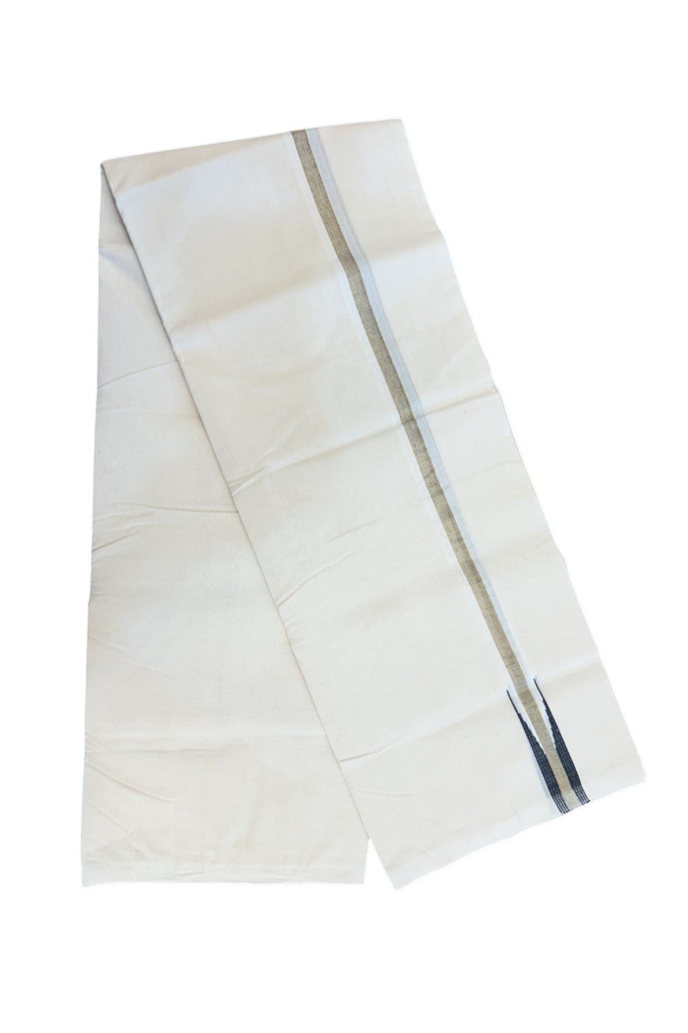 25% DISCOUNT!! KaithariKada HANDLOOM MILLPAAV Balaramapuram - 100% PURE Cotton OFF White Double - (Unbleached) Mundu/Dothi - 80X90 - 1 inch Puliyilakkara Black & Gold Kasavu Stripes chutty Kara 4 mtr (8.5 Muzham)- 10KK5234 RAM