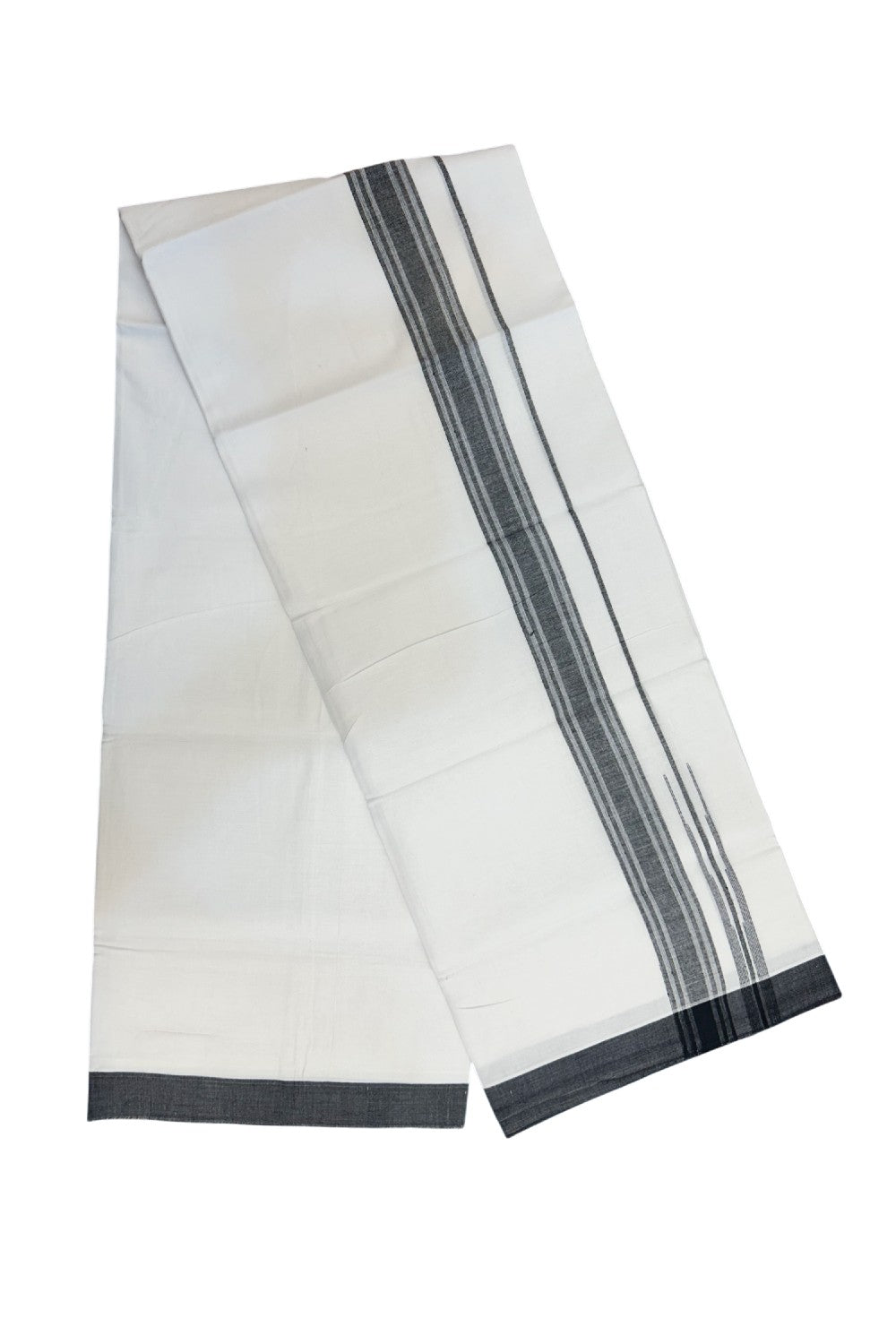20% Discount!!! KaithariKada Balaramapuram Double PURE WHITE Mundu/Dhoti - (80s) - 1.5 inch puliyilakkara Black Shaded Striped chutty Kara - 3.82 mtr ( 8 muzham)- 10KK5239 GAN