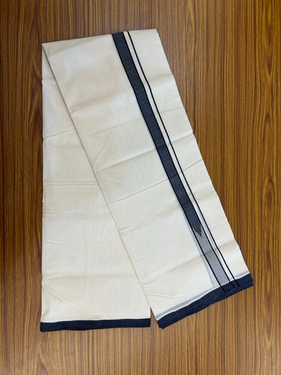 25% DISCOUNT!! KaithariKada HANDLOOM UNAKKUPAAV Balaramapuram - 100% PURE Cotton OFF White - (Unbleached) Double Mundu/Dothi - 100 x 80 - Black White Chutty Kara - 3.85meter - 10 KK5249 REA