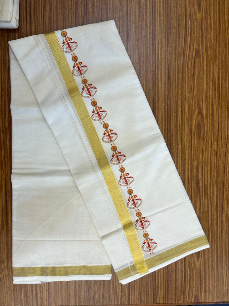 25% Discount!! KaithariKada Balaramapuram Mixed Cotton Double Off white - (Ubleached) Mundu/Dhoti - 80x72 - 1 inch Kasavu & Kathakali Printed Design Kara - 10 KK5262 MUT