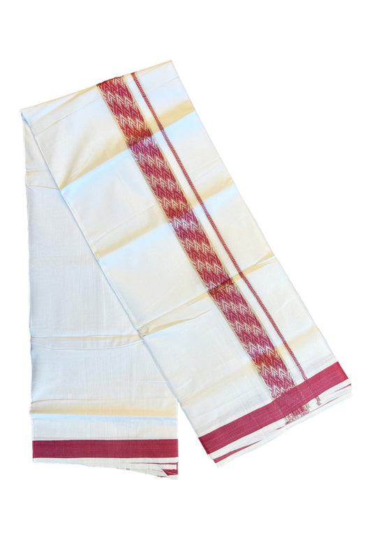 20% DISCOUNT! KaithariKada Balaramapuram 100% Cotton Double PURE white Mundu/Dhoti-100x100  Silver kasavu dark pink pattern Kara  - 10KK79PMC
