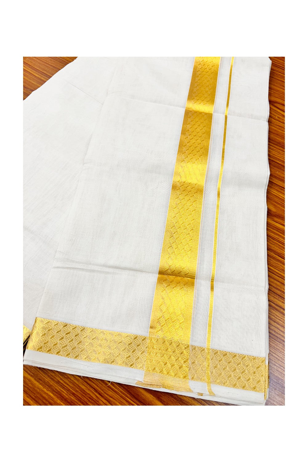 30% DISCOUNT ! KaithariKada HANDLOOM Unakkupaav Balaramapuram - 100% PURE Cotton Off White (Unbleached) Double Mundu/Dhoti - KASAVU CHECK DESIGN 2.5 inch KARA- ABH10