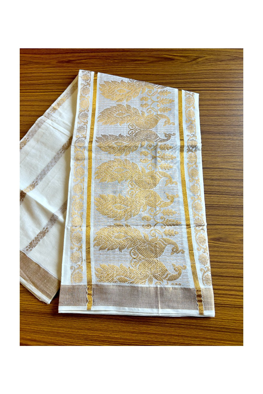 23 % Discount!!! Kaitharikada Kerala Cotton Saree Off white - 29.5 inch Kasav Zari with Peacock Pattern Putta Design- 10KK1002JEE