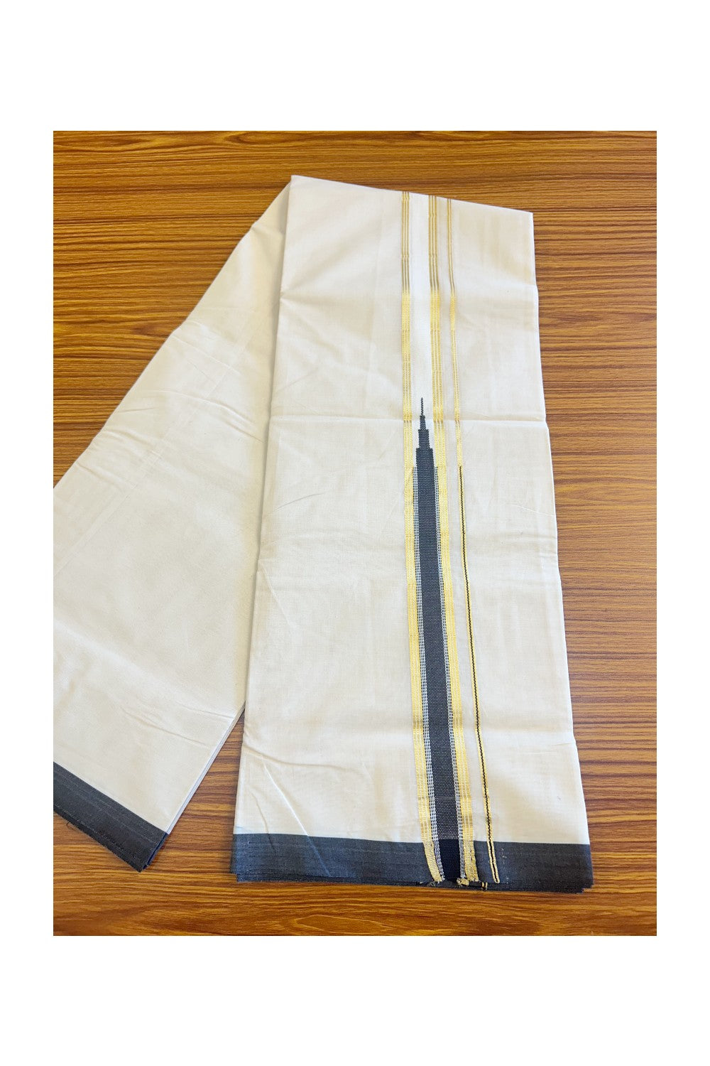 20% DISCOUNT! KaithariKada Balaramapuram 100% Cotton Double Off white Mundu/Dhoti-100x100 1.5 inch HEAVY CHUTTY BLACK & Puliyilakkara Kasavu kara - 10KK136ASH