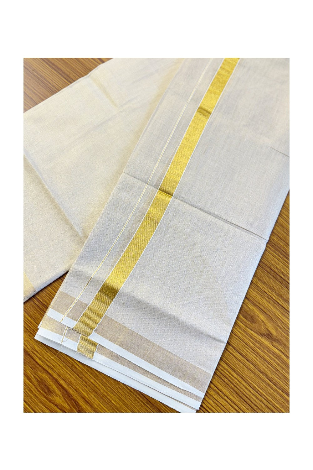5% Discount! KaithariKada Balaramapuram 100% Cotton 80x72 - Gold Kasavu TISSUE Double Dhoti/Mund 1.75 inch gold kara - 10KK5151PMC