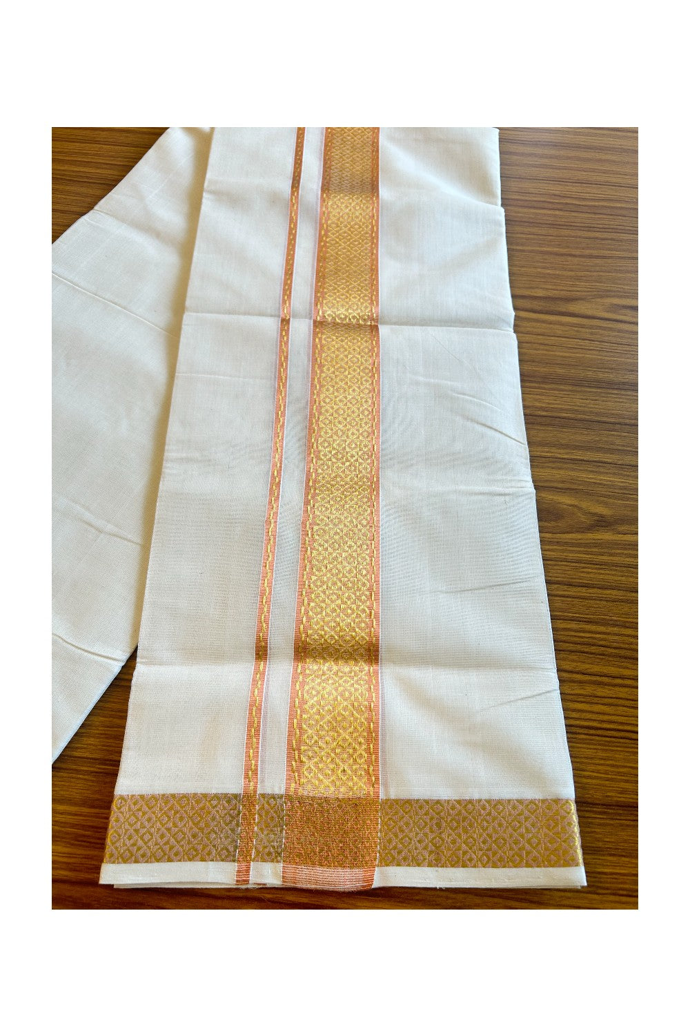 30% DISCOUNT!! KaithariKada HANDLOOM UNAKKUPAAV Balaramapuram - 100% PURE Cotton OFF White (Unbleached) Double Mundu/Dothi - 3 Inch Kasavu & Copper designer Kara - 10KK456KK