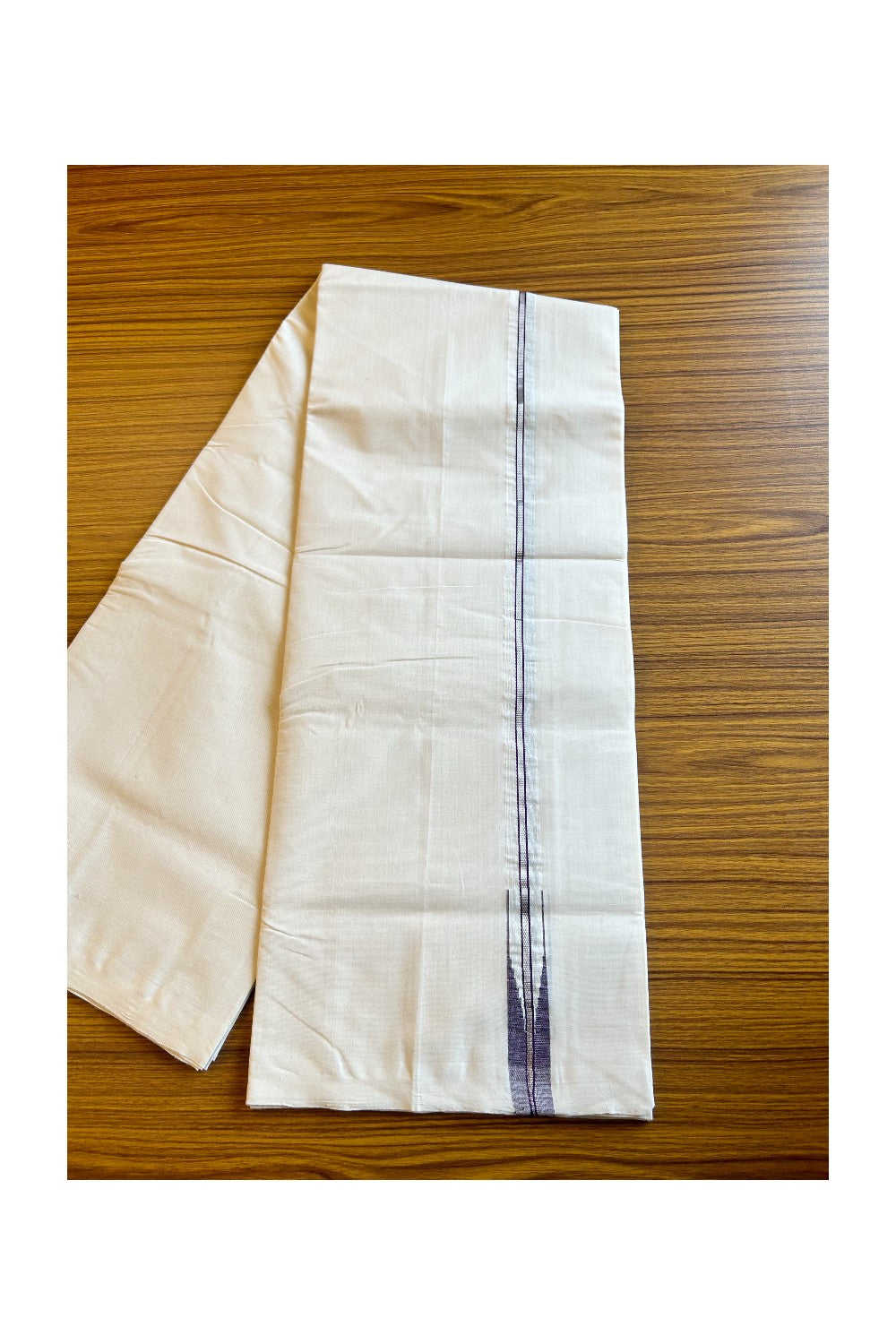 ONAM SPECIAL 25% DISCOUNT!! KaithariKada HANDLOOM UNAKKUPAAV Balaramapuram - 100% PURE Cotton OFF White - (Unbleached) Double Mundu/Dothi - 2.5 cm Puliyilakkara silver kasavu Purple chutty - 10KK462RAM
