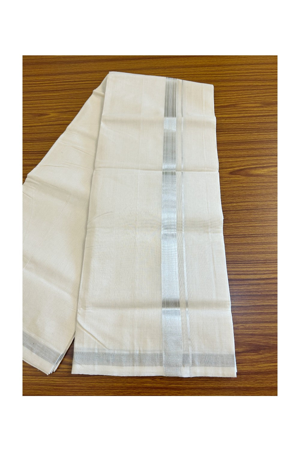 25% DISCOUNT! KaithariKada HANDLOOM Millpaav Balaramapuram - 100% PURE Cotton Off White - (Unbleached) - Double Mundu/Dhoti - 1.75inch Silver Kasavu Striped - 10KK498KK