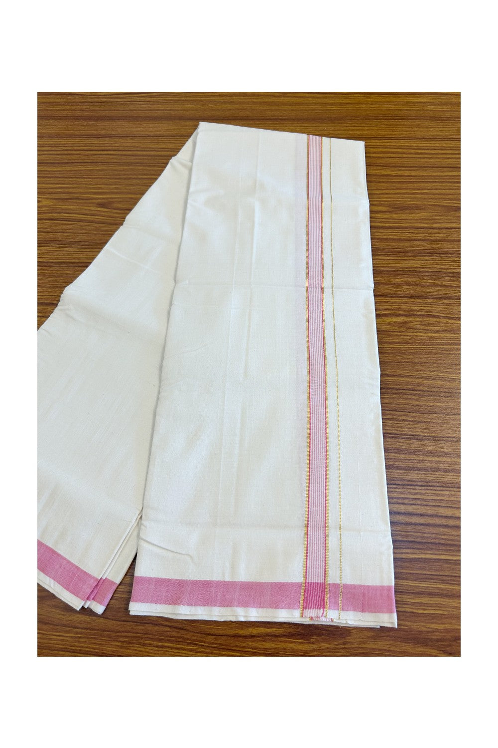 25% Discount KaithariKada 100% Cotton Balaramapuram HANDLOOM Single Mundu/Dhoti - Off White (Unbleached)1.45 inch Kasavu & Pink striped Kara (2 meter / 4 muzham) - 10KK499KK