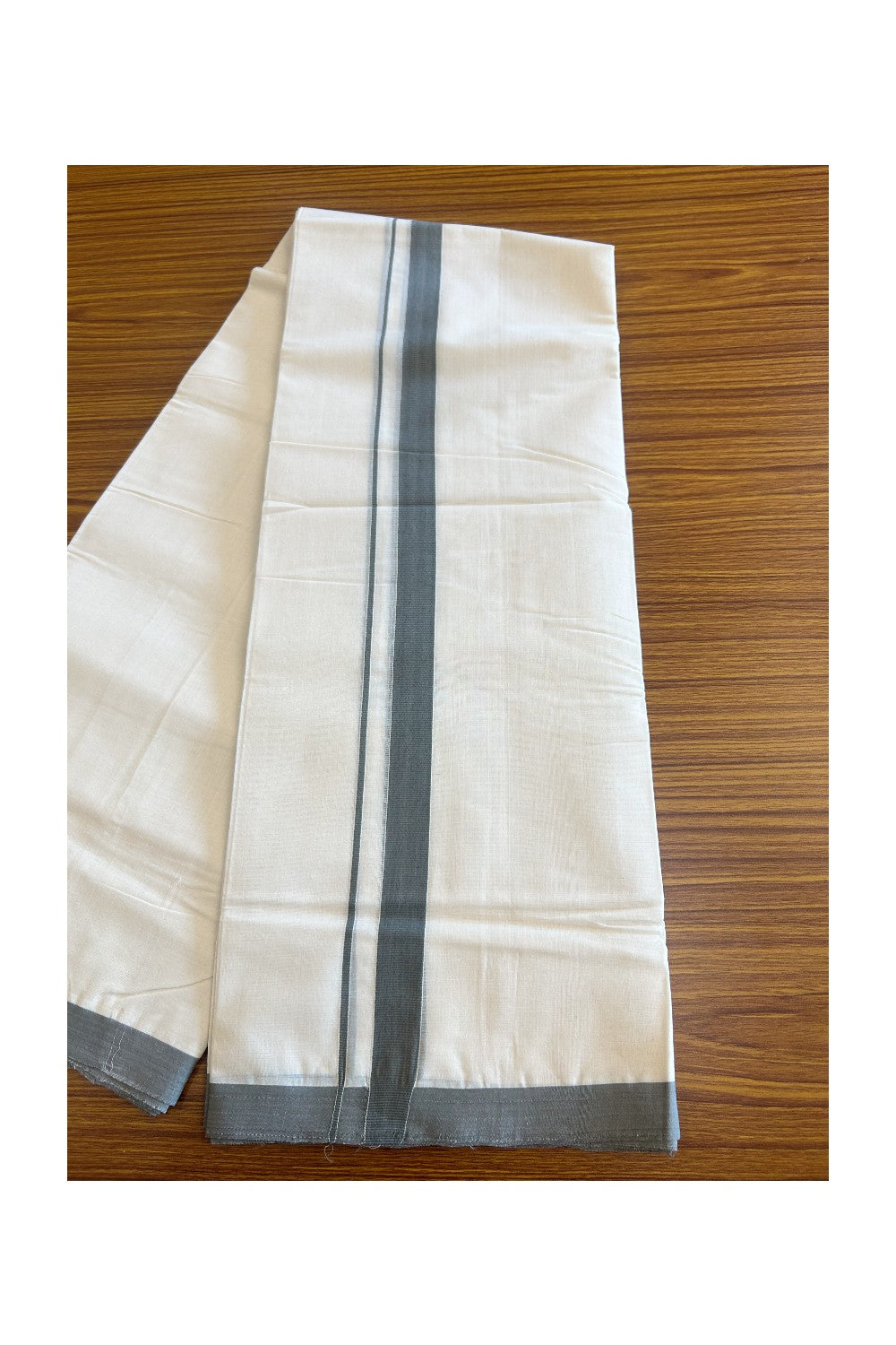 25% DISCOUNT! KaithariKada HANDLOOM Millpaav Balaramapuram - 100% PURE Cotton Off White - (Unbleached) Double Mundu/Dhoti -1.5 inch GREY KARA -1.