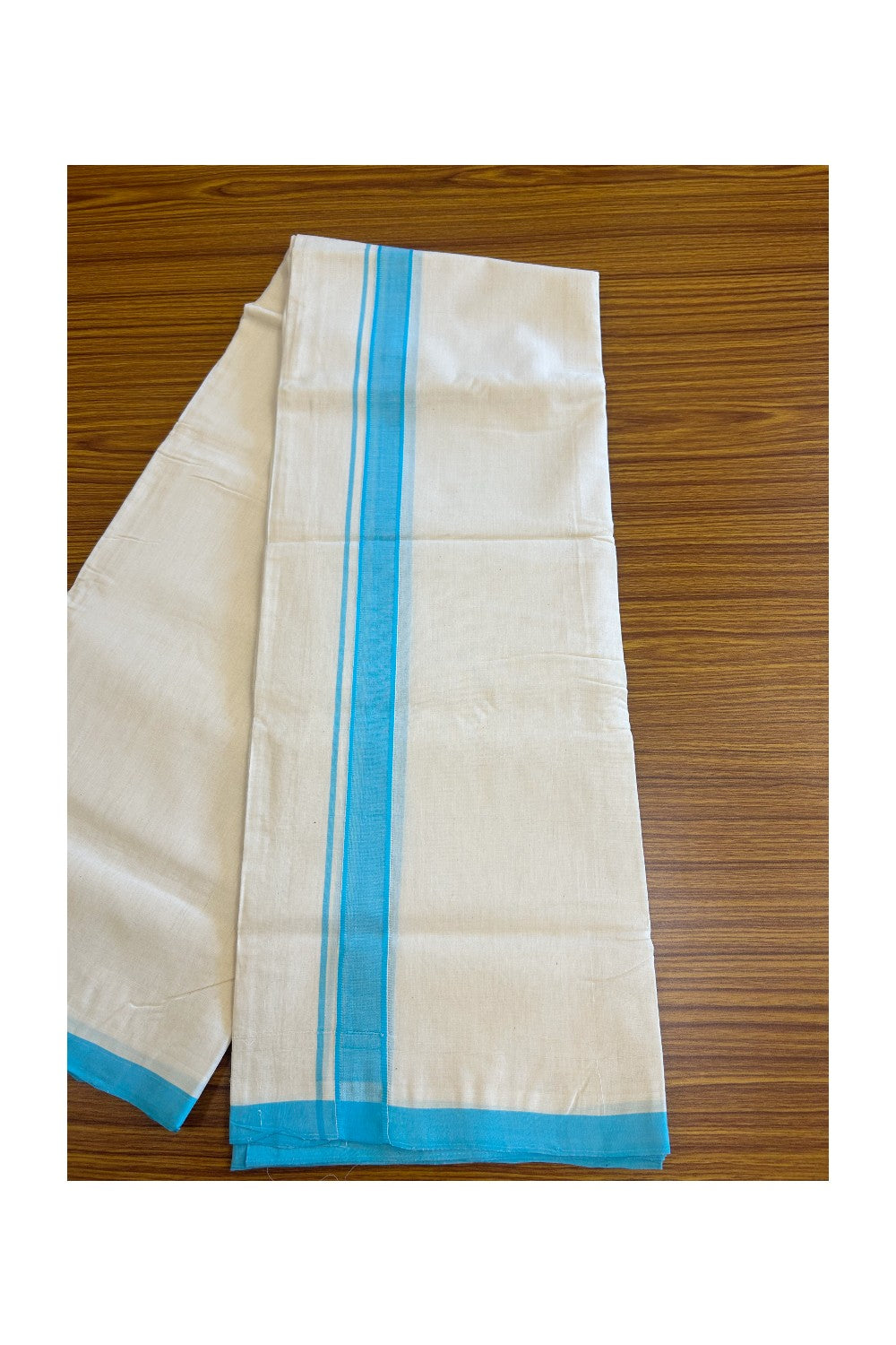 25% Discount ! KaithariKada Balaramapuram Handloom Unakkupaav- 100% Pure Cotton off white (Unbleached) 100x100 3.80 Meter Double Mundu/Dhoti (8 Muzham)- Sky Blue Kara