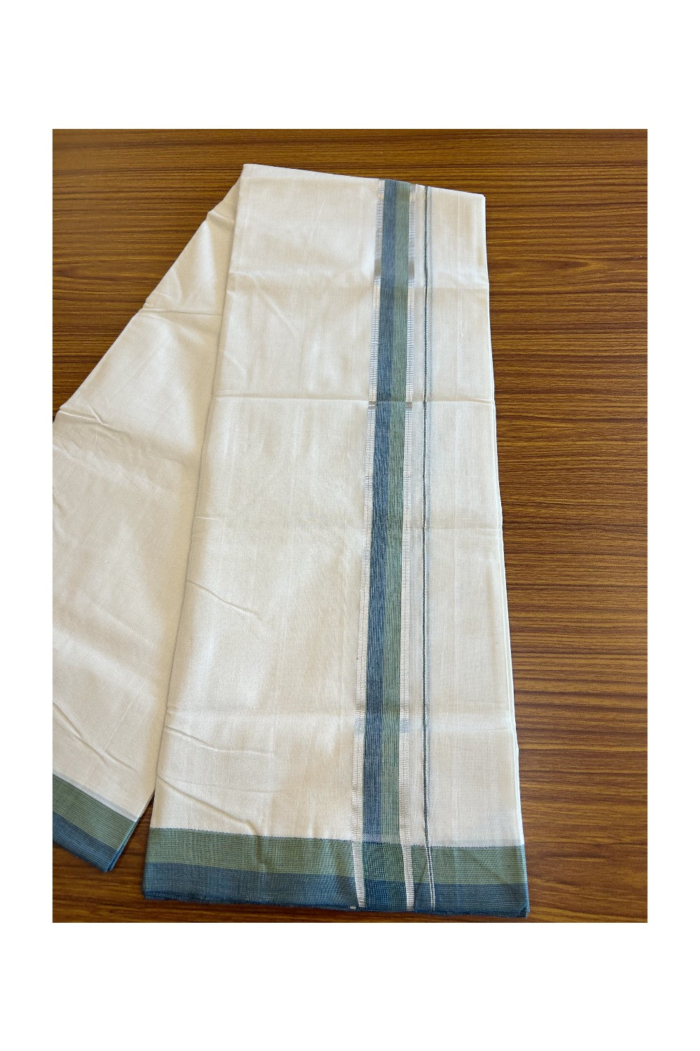 25% Discount !! KaithariKada HANDLOOM UNAKKUPAAV Balaramapuram - 100% PURE Cotton off white - (Unbleached) Double Mundu/Dhoti - 2 inch Silver kasavu Light Green & Peacock Blue Shaded kara - 10KK5082RAM