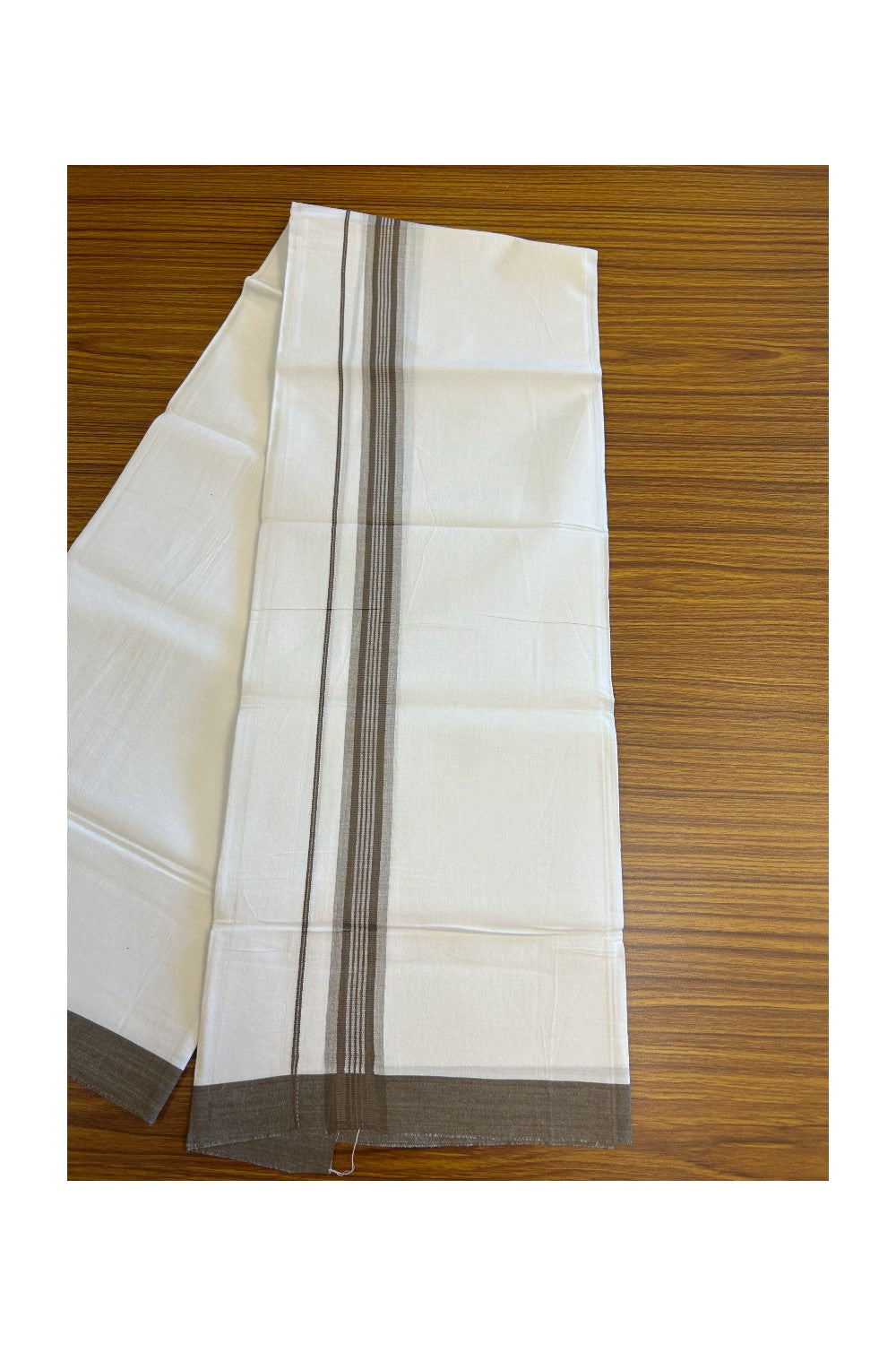 8% DISCOUNT ! KaithariKada Balaramapuram 100% Cotton Pure white Single Mundu/Dhoti - (40S) - 1.75 inch Brown Striped Kara (2 meter / 4 muzham) - 10KK5115THI.